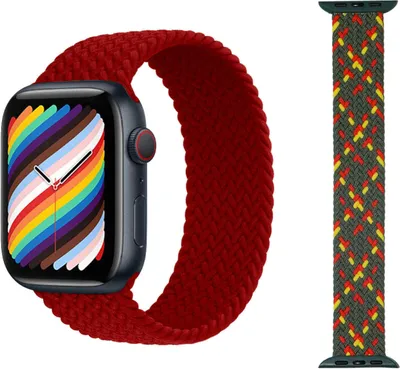 A smartwatch with a red braided band and a separate gray braided band with a colorful pattern, both shown against a white background.
