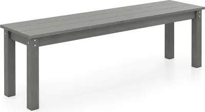 A gray plastic garden bench with no backrest is shown against a white background.