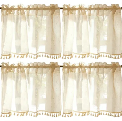 2er-Set halbtransparente Vorhänge, 150 x 40 cm, beige, Leinenoptik, Quasten