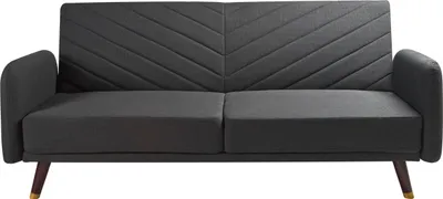 Produktbild von BELIANI 3-Sitzer Sofa Schwarz Kunstleinen Gesteppt Klappbar mit Schlaffunktion Schmale Armlehnen Hohe Holzbeine Retro Wohnzimmer Schlafsofa Sofabett