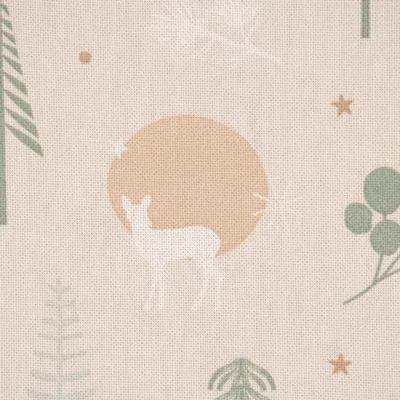 Produktbild von Dekostoff Meterware Cold Forest Animals Bäume beige grün weiß 1,40m
