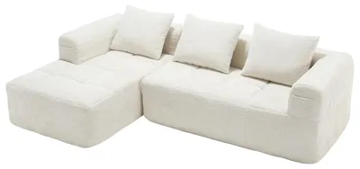 Image de Canapé d'angle 3 places en chenille beige avec méridienne et poches latérales sans montage