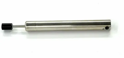 A silver metal cylinder with a black knob on the left side, set against a white background.