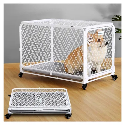 Produktbild von Faltbarer Hundekäfig, Hundebox aus Diamantgitter, montagefreie Transportbox mit 4 Rollen, herausnehmbare Schale, tragbarer Käfig für kleine und mittelgroße Hunde, 76x48x49 cm