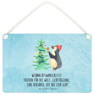 Produktbild von Mr. & Mrs. Panda Schild Pinguin Weihnachtsbaum DIN A4 - Eisblau - Geschenk, Türschild, Wandbild Holz, Holzschild, wandtafel, Winter, kleine aufmerksamkeit, Weihnachten