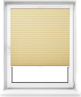 A beige pleated blind is shown in a white window frame.