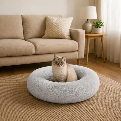 Produktbild von belviona Donut Katzenbett, weiches Katzenkörbchen mit flauschigem Plüsch, rutschfest & gemütlich, 60 cm Durchmesser, hellgrau, KI-generiertes Bild
