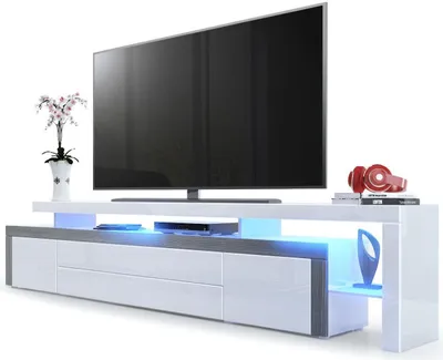 Produktbild von Vladon TV Board Lowboard Leon V3,  Germany, Korpus und Überbau in Weiß Hochglanz / Front in Weiß Hochglanz mit Rahmen in Avola-Anthrazit inkl. LED Beleuchtung (227 x 52 x 35 cm)