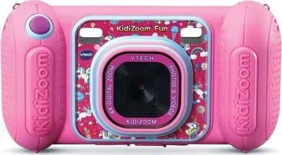 A pink VTech KidiZoom digital camera with a unicorn and rainbow pattern on the front.