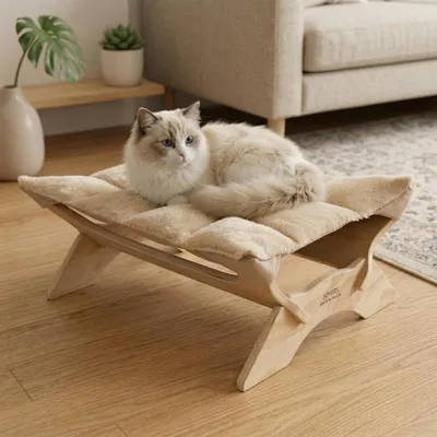 Obrázok produktu pre Posteľ pre mačky, plyšový materiál, drevo, hojdacia sieť, 54 x 42 x 21 cm, béžová farba
