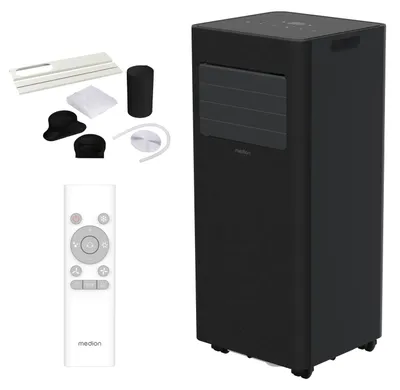 Produktbild von MEDION Mobile Klimaanlage mit Abluftschlauch E902 - 9.000 BTU, mobil, inkl. Fensterabdichtung, bis 32m², 3in1 Kühlen Entfeuchten Ventilieren, Autoswingfunktion, Schlafmodus, MD100137