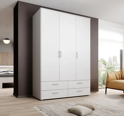 Produktbild von Kleiderschrank "Spazio" in Weiß mit 4 Schubladen und 3 Türen. Abmessungen (BxHxT) 137,8x198,6x48 cm