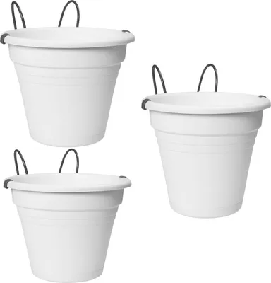 Three white hanging planters are arranged on a white background.