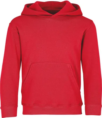 A red hooded sweatshirt for children, shown flat.