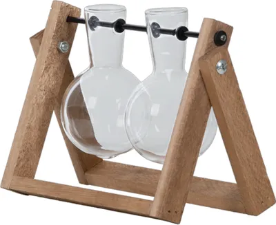 Produktbild von Zwei hängende Stecklings-Vasen aus Glas am Holzgestell – Ideal für Ableger