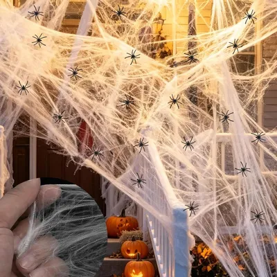 Obrázek produktu pro Dekorační sada pavučin, 200 g elastické umělé bavlny, 40 realistických pavouků, ideální pro Halloween