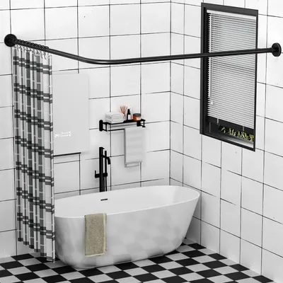 Image de Rideau de douche noir en acier inoxydable, réglable, sans perçage, avec 12 anneaux pour rideau de douche