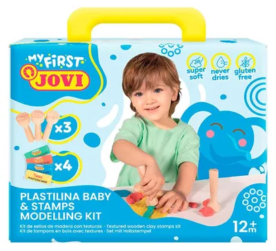 Zdjęcie produktu dla Miękka plastelina naturalna JOVI My First 4 x 38 g - + 3 drewniane stempelki