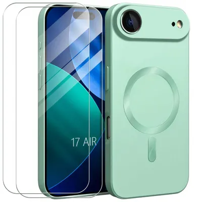 Image de Coque + 2 Verres Trempés pour iPhone Air, Silicone Liquide Slim avec Cercle Magnétique Intégré Vert