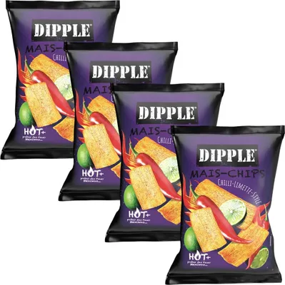 Produktbild von 4x Dipple Mais‑Chips Chilli‑Limette 90 g Chips Dippen Knabbern Mais