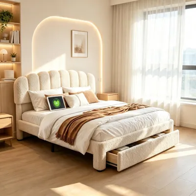 Produktbild von Stauraumbett 140x200cm mit Höhenverstellbares Kopfteil, Polsterbett mit Stauraum und USB, Bettgestell mit Lattenrost, Schubladen, Teddysamt, Beige