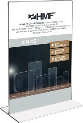 Produktbild von HMF Acryl Tischaufsteller DIN A5, Doppelseitiger T-Ständer Aufsteller | Hochformat | Glasklar