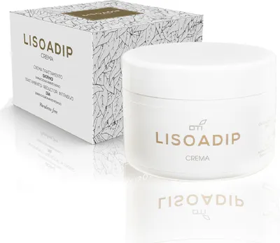 Produktbild von Lisoadip, eine Körpercreme auf Phosphatidylcholin-, Aescin- und Koffeinbasis mit sÃ1/4ßem Mandelöl und Jojobaöl. Mit reduzierender Wirkung. Hergestellt in Italien, 250ml