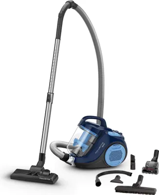 A blue and gray bagless cylinder vacuum cleaner with its attachments, displayed on a white background.