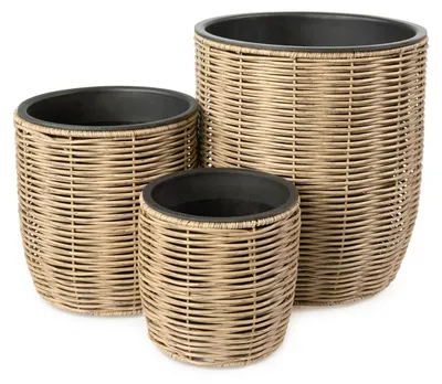 Produktbild von di volio Pflanzkübel Set 3-teilig Beige Rund Rattanoptik Blumenkübel GALPO