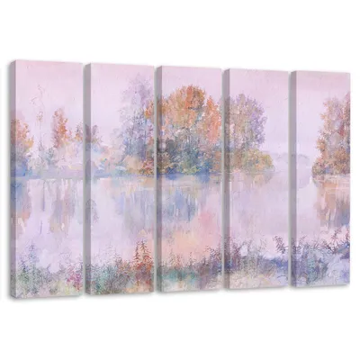 Obrázok produktu pre Obraz na plátne v 5 sekciách pohľad na jazero 150x100 cm Feeby fialová maľba na stenu pripravené na zavesenie