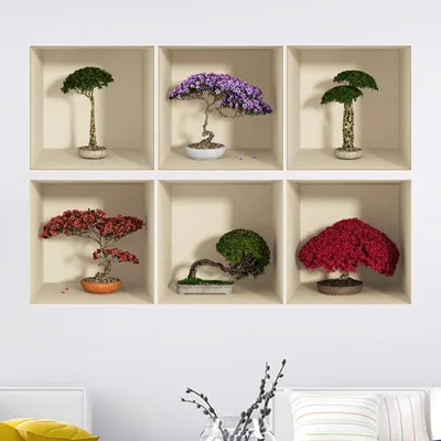 Image de Lot de 6 autocollants 3D multicolores représentant des bonsaïs, 60 x 90 cm
