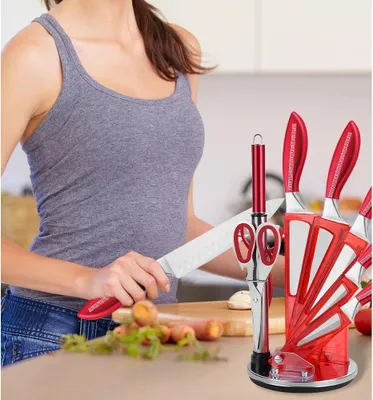 Image de Set de couteaux de cuisine, acier inoxydable, y compris l'aiguiseur, rouge