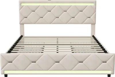 Produktbild von Polsterbett mit Stauraum - Doppelbett 140x200 cm - Holzrahmen mit Samtbezug - 4 Schubladen - USB-Ladefunktion - LED-Kopfteil