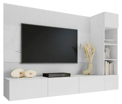 Produktbild von MIRJAN24 Wohnwand Deromi II, Wohnzimmer Möbel Set, Griffloses Öffnungssystem push to open, 3er-Set (Farbe: Weiß / Weiß + Weiß Marmor)