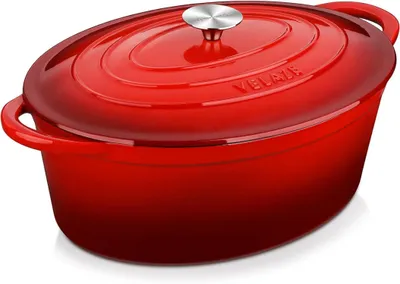Produktbild von Velaze Gusseisen Bräter Emaille Topf mit Deckel 34cm Oval 7L Brotbackform Rot