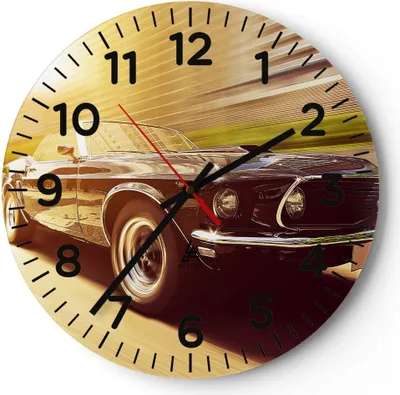 Produktbild von Wanduhr - Rund - Glasuhr - Auto Cabrio - 40x40cm - Schleichendes Uhrwerk - Lautlos - zum Aufhängen bereit - Dekoration Modern - Wanddekoration aus Glas - C4AR40x40-3626