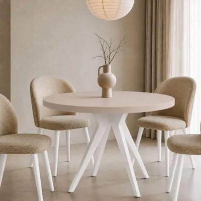 Image de Table ronde VENTO 100 cm, extensible jusqu'à 200 cm, pour la cuisine, la salle à manger, le salon, cachemire/blanc