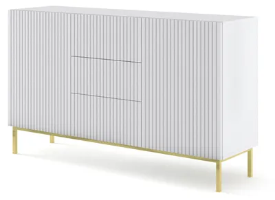 Zdjęcie produktu dla Komoda RAVENNA szer. 150 cm 2D3S rama BIAŁY MAT / BIAŁY MAT Kredens MDF 2 drzwi 3 szuflady Szafka wysoka otwarte półki Bufet z frezowanymi frontami