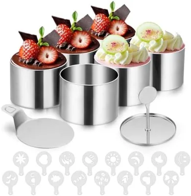 Produktbild von PolkaHome® Premium Dessertringe Set mit 8 Edelstahl Mousseformen, Deckel, Boden, 16 Schablonen, 7,5 cm Durchmesser
