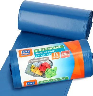 Produktbild von RAVI Müllbeutel, 120L, 15 Stück, blau, Säcke aus LDPE-Folie, Schwerlast Beutel, reißfeste Abfallsäcke, Müllsäcke für Küche, Garage