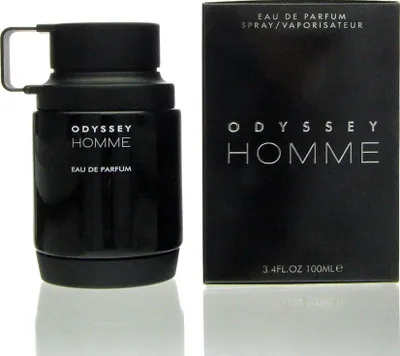 A black bottle of Armaf Odyssey Homme Eau de Parfum and its matching black box are displayed side-by-side on a white background.