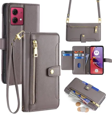 Produktbild von Handykette Motorola Hülle mit Band Handyhülle Kartenfächer Leder Umhängetasche Moto G84 Grau