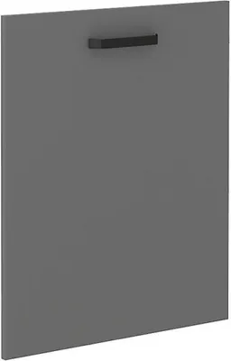 A single gray cabinet door with a black handle.
