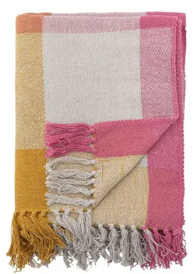 Produktbild von Bloomingville Decke HADLEY Rosa Gelb Natur Karo Muster mit Fransen 160x130 cm