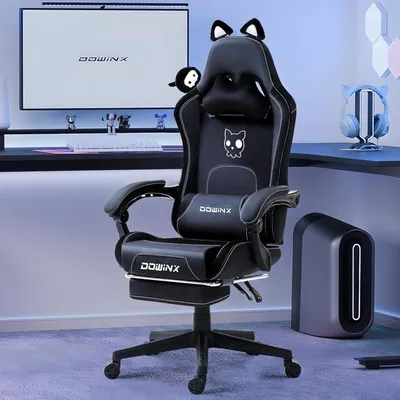 Zdjęcie produktu dla Fotel gamingowy Dowinx cat edition z podparciem lędźwi, skóra PU, podnóżek, czarny