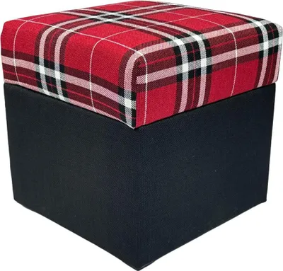 Obrázok produktu pre Štvorcová stolička LOBOX 40x40 cm s úložným priestorom - rozkladacia stolička z dvojfarebnej tkanej látky v károvanom vzore - červená