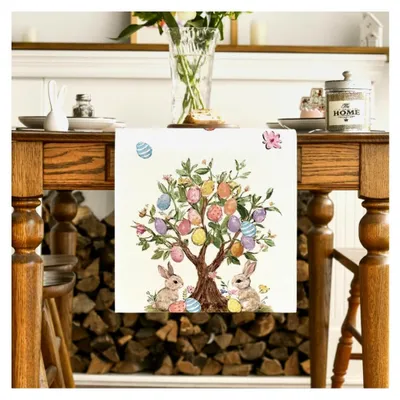 Produktbild von Tischläufer mit Baum, Blumen, Kaninchen und Ostereiern für Ostern, Frühlingsdekoration für Küche und Tisch, 40x140 cm