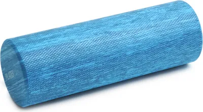 A blue foam roller on a white background.