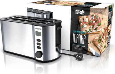 A toaster and its packaging are displayed against a white background.