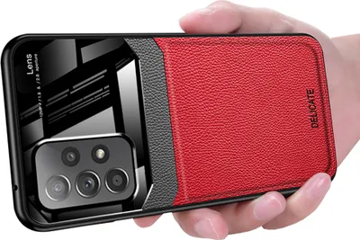 Produktbild von Galaxy A53 5G Hülle, TPU Stossfest Anti-rutsch Leder Glas Len Hybrid Schutzhülle für Samsung Galaxy A53 5G Rot